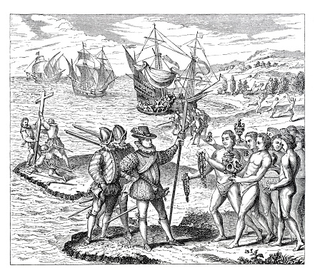 Christopher Columbus discovering America erecting the cross on 12th may 1492 on the island of Guanahani ( Bahamas ) naming it San Salvador
Original edition from my own archives
Source : Moyan Age 1874
after Grands Voyages 1590