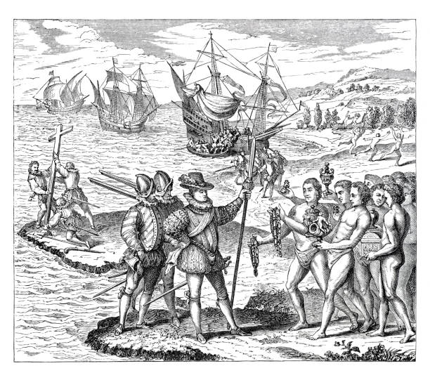Christopher Columbus discovering America erecting the cross 1492 illustration Christopher Columbus discovering America erecting the cross on 12th may 1492 on the island of Guanahani ( Bahamas ) naming it San Salvador
Original edition from my own archives
Source : Moyan Age 1874
after Grands Voyages 1590 christopher columbus stock illustrations