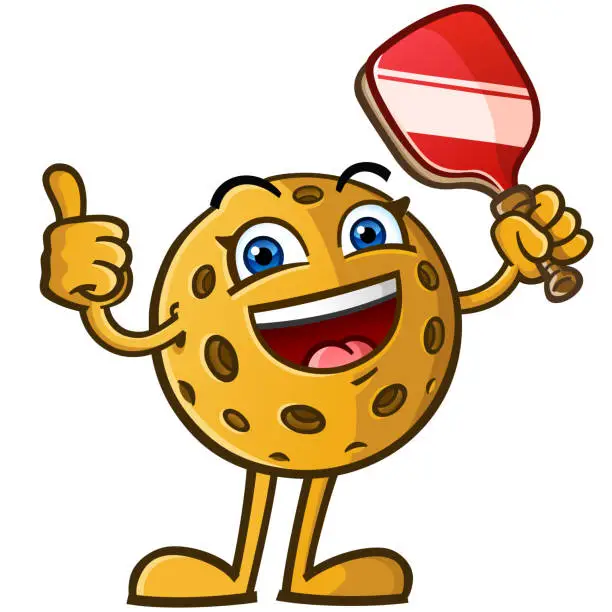 Vector illustration of Happy Pickleball cartoon mascot holding a paddle and giving a thumbs up