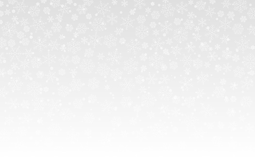 Christmas background. White snowflakes on silver backdrop. Winter texture with soft gradient. Greeting card or invitation template. Snow wallpaper. Vector illustration.