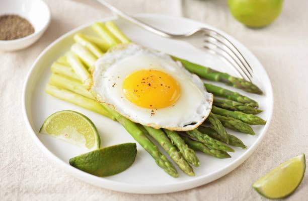 istock Boiled asparagus with fried egg and black pepper. Healthy breakfast 1721393955