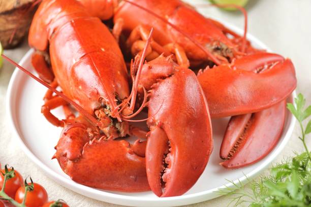 istock Two whole boiled lobsters with spices and lime slices 1721394763