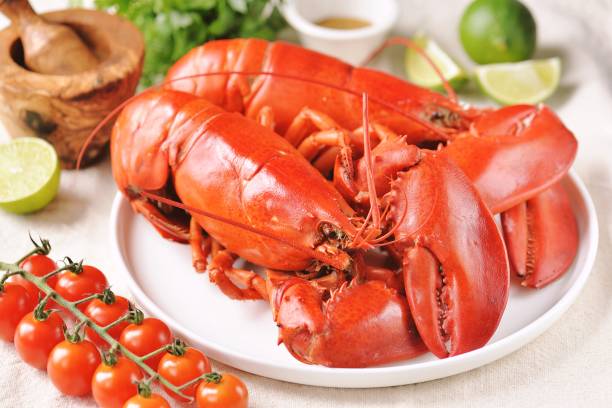 istock Two whole boiled lobsters with spices and lime slices 1721394978
