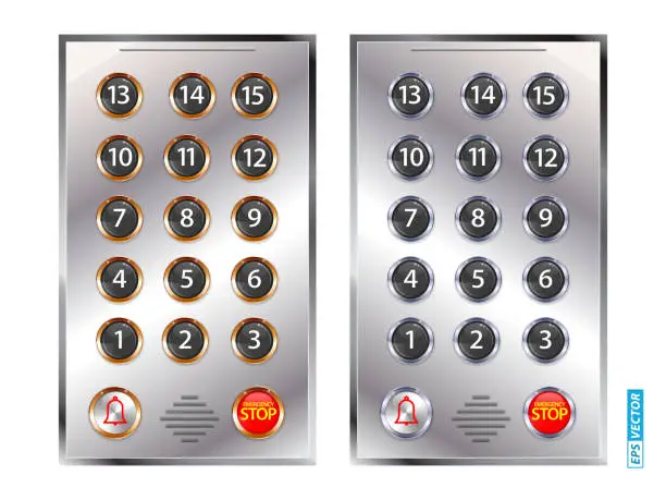 Vector illustration of set of realistic elevators buttons with chrome metal door. 3D Render