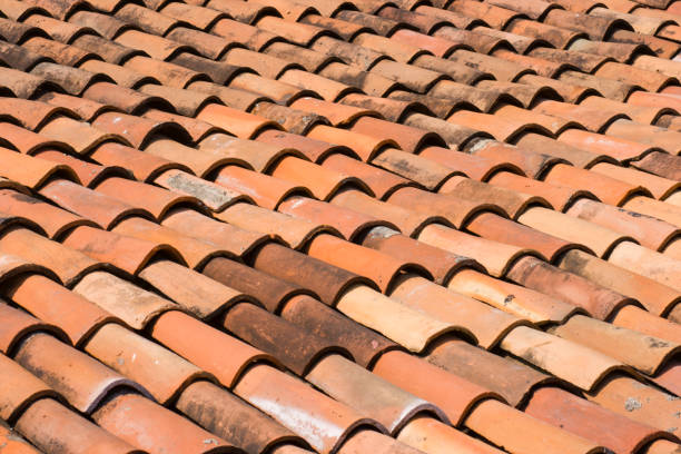 Tiled Roof Subject: Horizontal view of a well-aged red ceramic tile roof in the bright sunlight of Mexico old time pottery stock pictures, royalty-free photos & images
