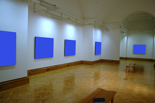 gallery space with paintings on wall. The paintings which were very dark have colooured blue in ps toremove the original image and create a blank canvas for copy or other images.  To see other art galleries go here.gallery lightbox