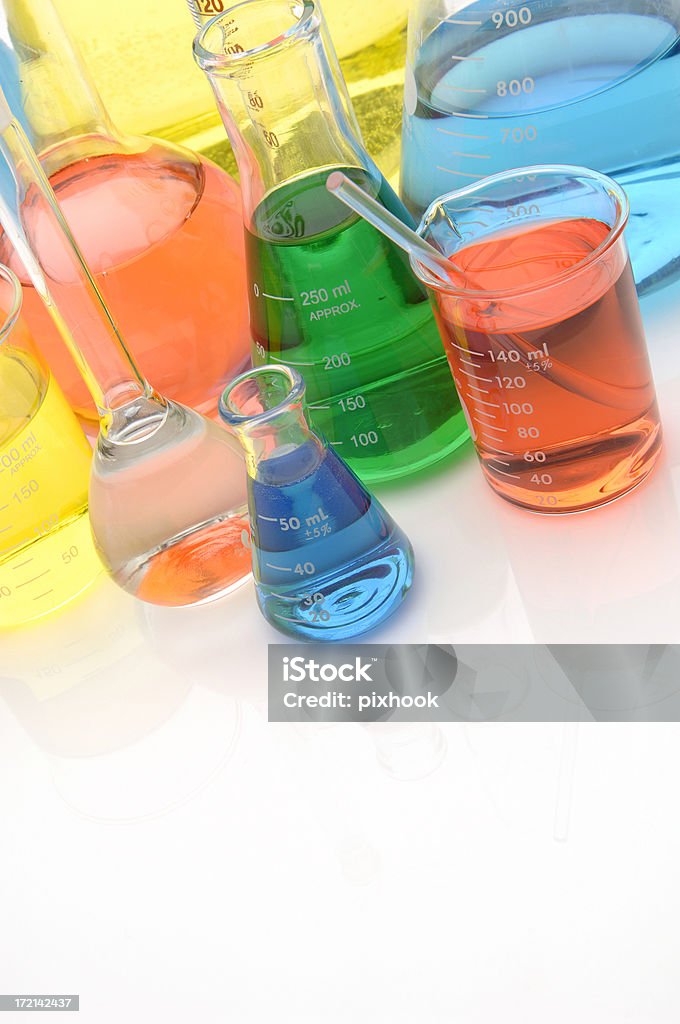 Chemistry Glass Vessels Lab-ware on white background. Beaker Stock Photo