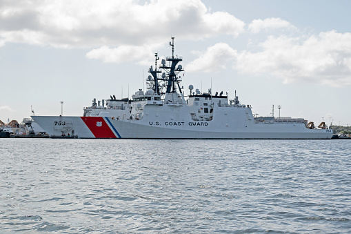 Charleston, SC, USA - October 05, 2023: Hamilton, 127-meter U.S. Coast Guard Legend Class Cutter (WMSL-753), at its mooring at Joint Base Charleston in Charleston Harbor.
