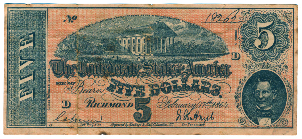 This was a great find when I went through some old boxes. It is a Confederate five dollar bill from 1864. This is a hi-res image.