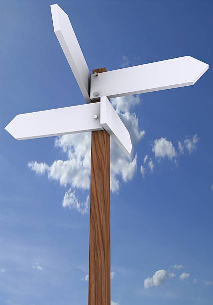 istock Four-way blank signpost on a wooden pole 172146224
