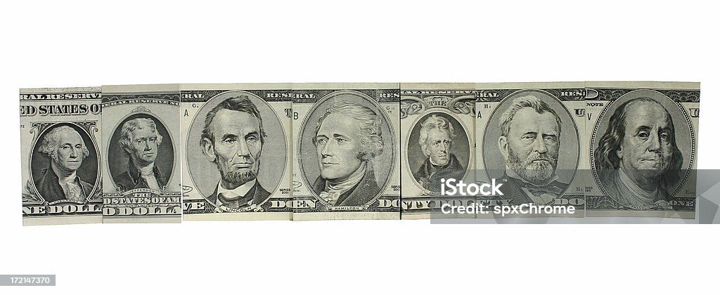 Money Hall of Fame Row of US currency portraits.  Features the portrait of every US currency bill including the rare $2 bill.  Isolated on white for clipping. Close To Stock Photo