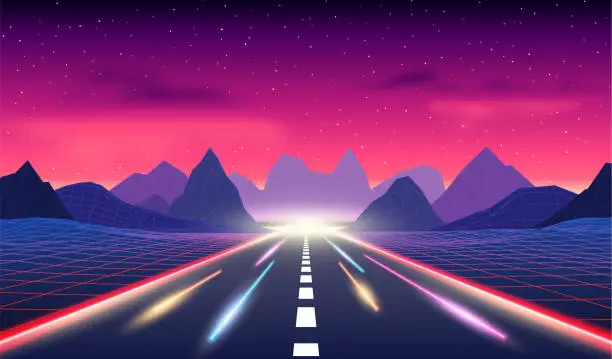 Vector illustration of Neon road in the mountains in synthwave style. 80s styled highway to horizon, purple and blue retro arcade scene.