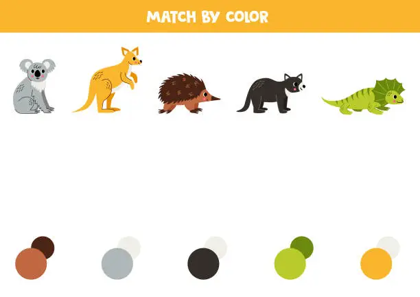 Vector illustration of Match Australian animals and colors. Educational game for color recognition.