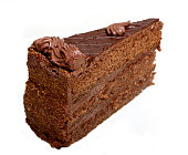 Slice of chocolate cake on white background