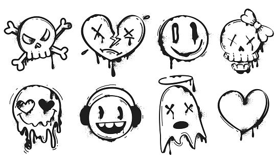 Black spray paint graffiti emoji of smiling face, heart, skull and ghost. Street art set of ink drip splatter face emoticon characters in hand drawing style. Painted urban elements on white background