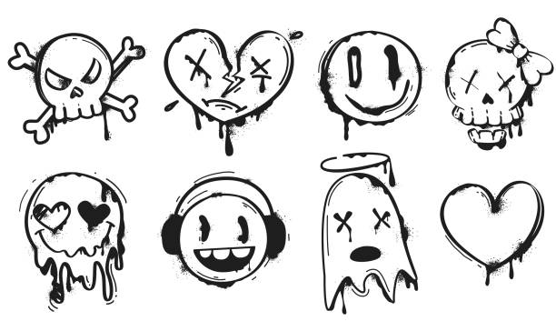 Black spray paint graffiti emoji, face emoticon characters in ink splatter style Black spray paint graffiti emoji of smiling face, heart, skull and ghost. Street art set of ink drip splatter face emoticon characters in hand drawing style. Painted urban elements on white background black face paint stock illustrations