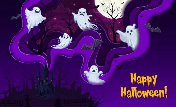 Vector illustration of Halloween paper cut landscape with flying ghosts