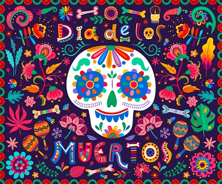 Dia de Los Muertos or Day of Dead Mexican holiday vector banner with tropical flowers and candles. Calavera sugar skull and bones in floral pattern ornament of Mexican maracas and chili peppers