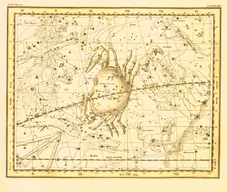 A medieval decorative map of the Cancer zodiac contellation. This ancient map was published more than 300 years ago