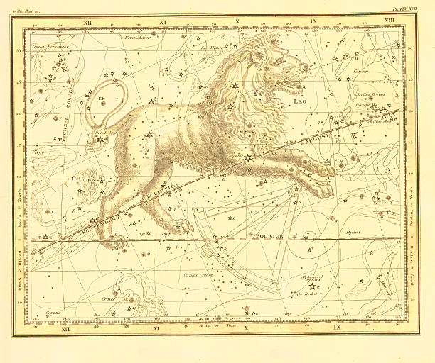 Leo Zodiac Map A medieval decorative map of the zodiac contellations with the Leo sign. This ancient map was published more than 300 years agoScanned from my collection of antique maps and engravings. See more of these on iStock: astrology chart stock illustrations