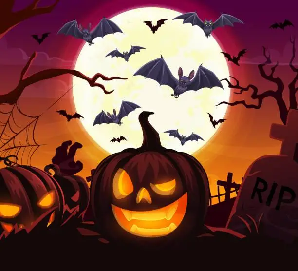 Vector illustration of Halloween pumpkin and cloud of bats on cemetery