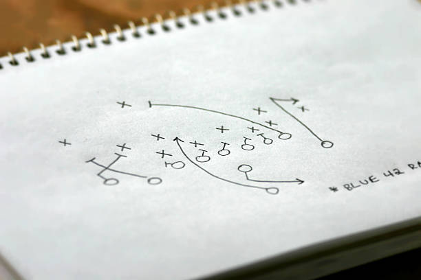 Strategy Gameplan (X's & O's) "Photo of a strategical football play designed in a sketch book. Do you have a gameplan for your next move Shallow dof, focus is in the center of the play the rest is blurred. Macro shot so the texture of the paper is visible." american football game plan stock pictures, royalty-free photos & images