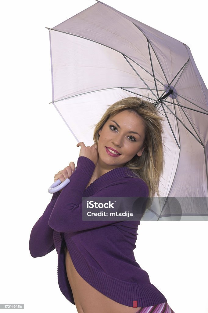 Hermosa Chica con sombrilla sonriendo Aislado en blanco - Foto de stock de Adulto libre de derechos