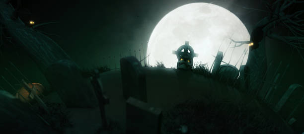 istock Halloween background with graveyard and moon in spooky night 1721497663