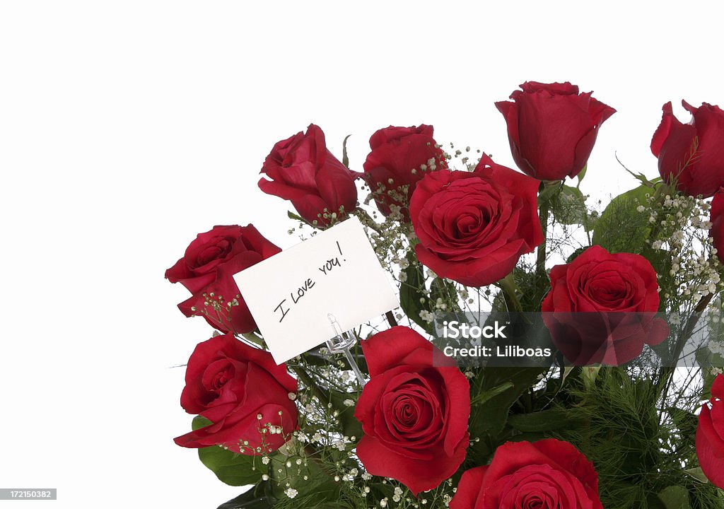 Valentines Day Series (on a white background with copyspace) "A dozen roses and a card that says, &quot;I love you&quot;.  You can easily remove the words and add your own personalized note.  With copyspace.PLEASE CLICK ON THE IMAGE BELOW TO SEE MY BEAUTIFUL FLOWERS PORTFOLIO:" Anniversary Stock Photo