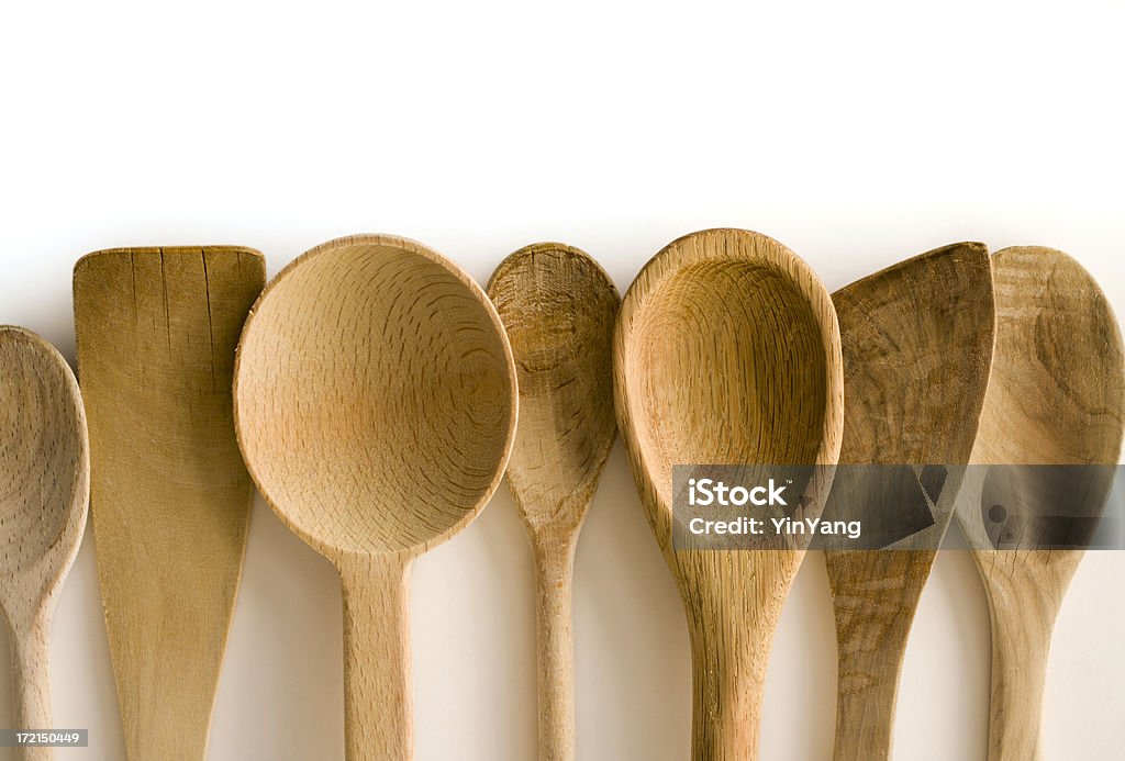 Cuillère en bois et Spatule ustensiles de cuisine sur blanc encadrent frontière - Photo de Cuillère en bois libre de droits