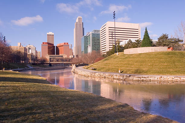 Skyline of city behind public park with water stock photo