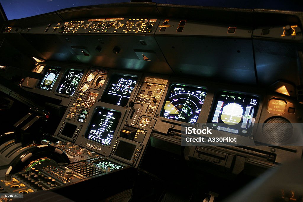 Airline Flight Deck Cockpit of an airline at night.    AVIATION Cockpit Stock Photo