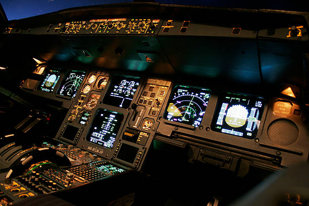 Airline Flight Deck Cockpit of an airline at night.    AVIATION throttle photos stock pictures, royalty-free photos & images