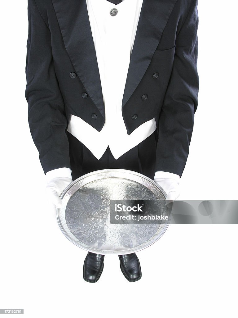 Server 1 waiter holds empty tray. path included. First Class Stock Photo