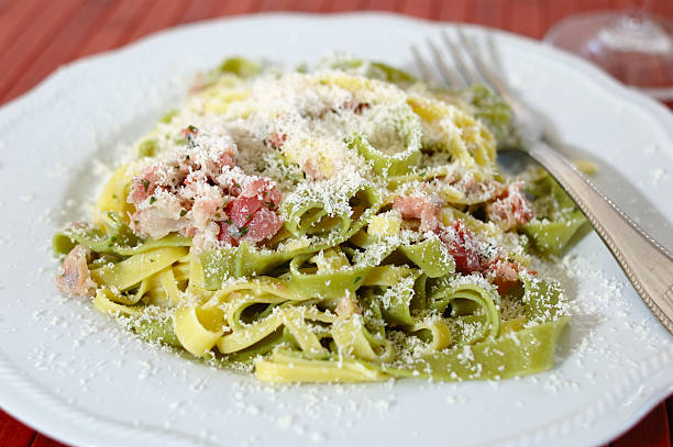 Italian ribbon pasta with cooked ham sauce