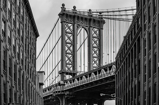 Manhattan Bridge in New York City in USA from Dumbo, Brooklyn in black and white