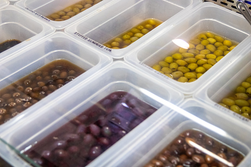 A Self Serve Olive Bar with different choices