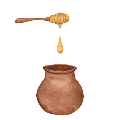 Honey dripper and a ceramic pot isolated on a white background. Wooden dripper with liquid honey and honey vase. Watercolor healthy food clipart. Hand-drawn natural ingredients for dessert.