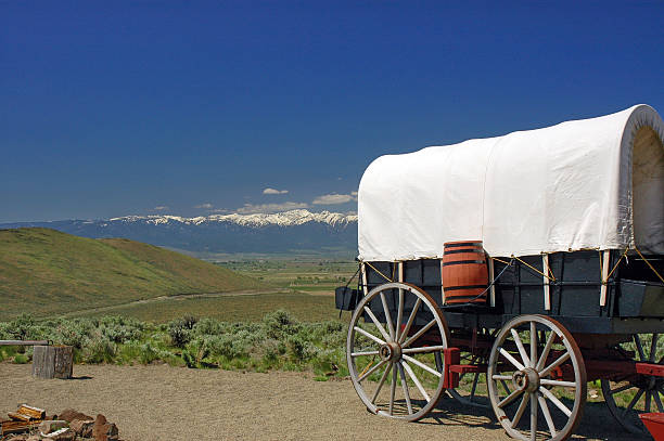 A replica wagon outside of Oregon Trail Museum.
