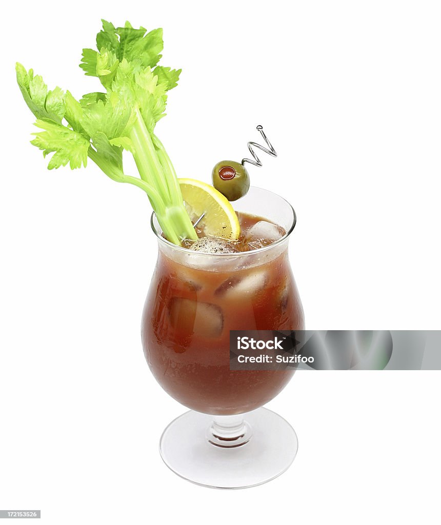 bloody mary "A Bloody Mary (mmm!), garnished with a stick of celery, a lemon wedge, an olive, and some freshly ground black pepper. It could also pass as a Bloody Caesar or a Bloody Bull. Isolated on white." Alcohol - Drink Stock Photo