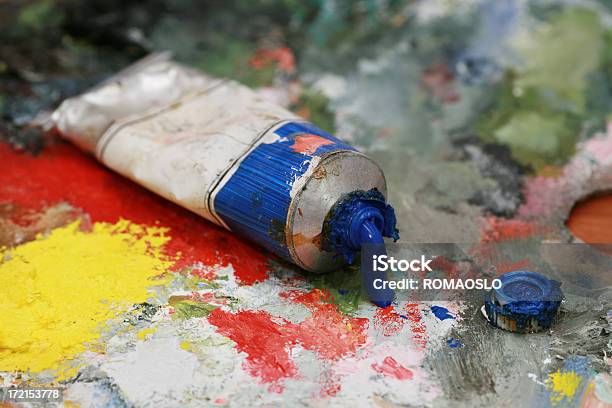 Blue Oil Color On A Palette Stock Photo - Download Image Now - Cobalt Blue, Paint, Painting - Activity