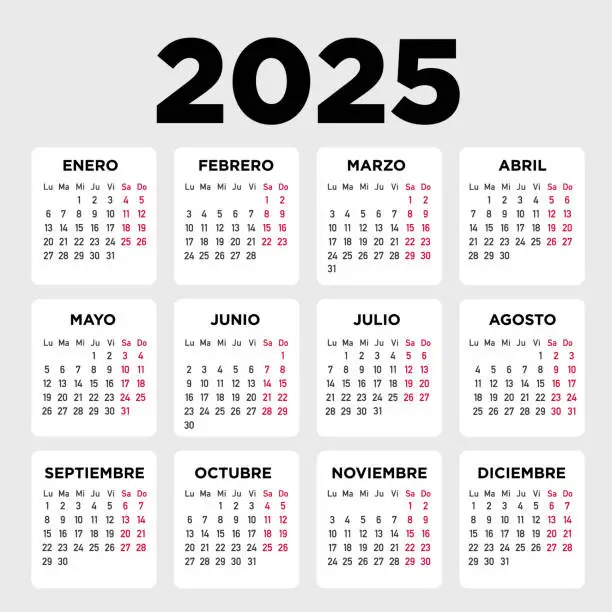 Vector illustration of Calendar 2025 in spanish. Week starts on Monday.