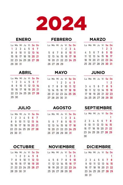 Vector illustration of Calendar 2024 in spanish. Week starts on Monday.