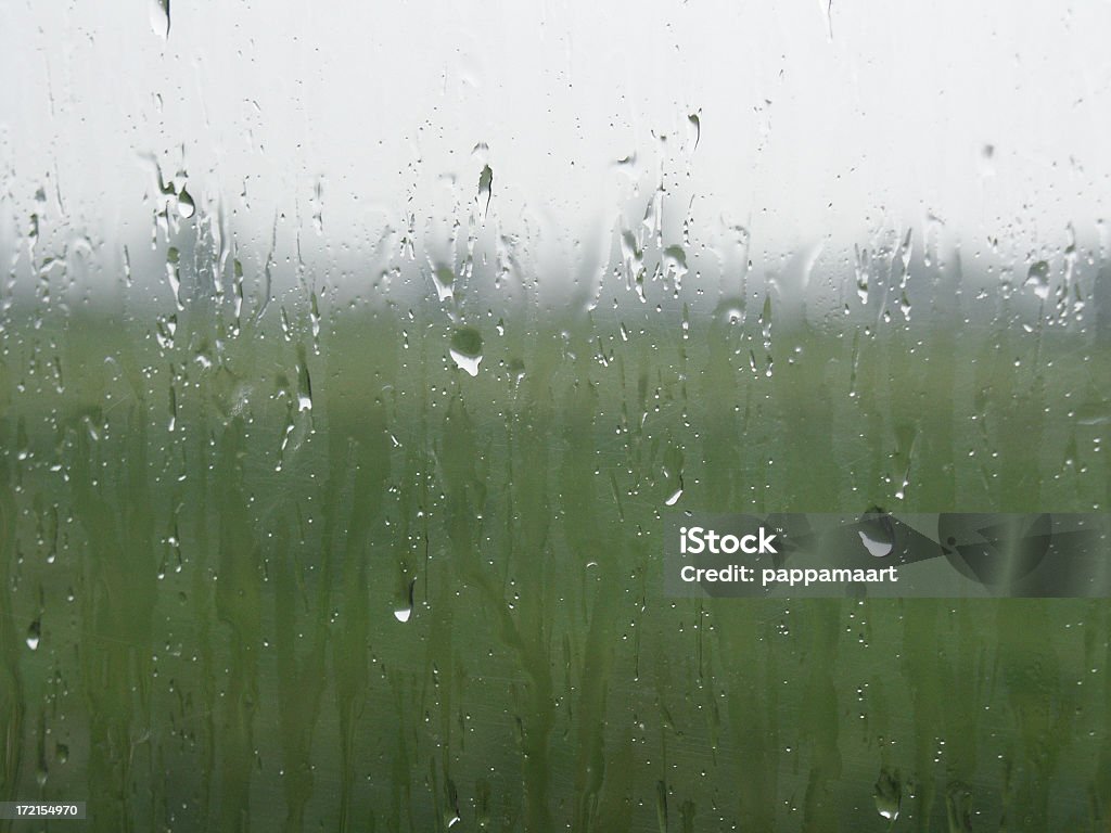 Raindrops keep falling on a window Rain during my holiday on the window of my camper, outside: grass. Abstract Stock Photo