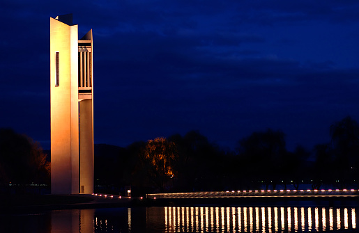 This is the Carillion (bell tower) building in Canberra, Australia. It is on Lake Burley-Griffin.