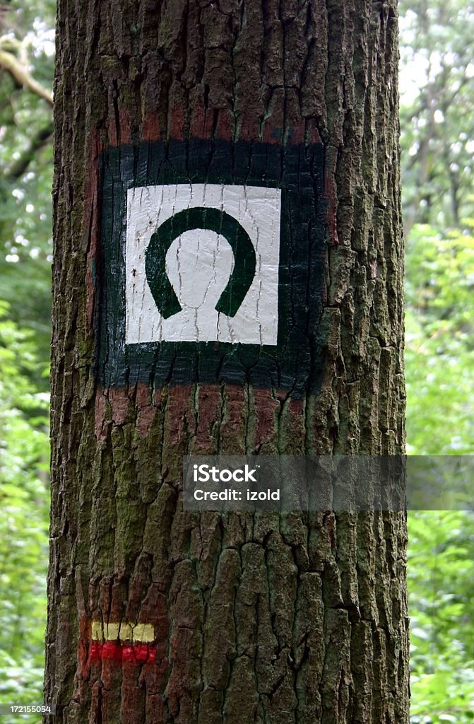 equestrian sign horseshoe painted on a tree to mark an equestrian path Domestic Animals Stock Photo
