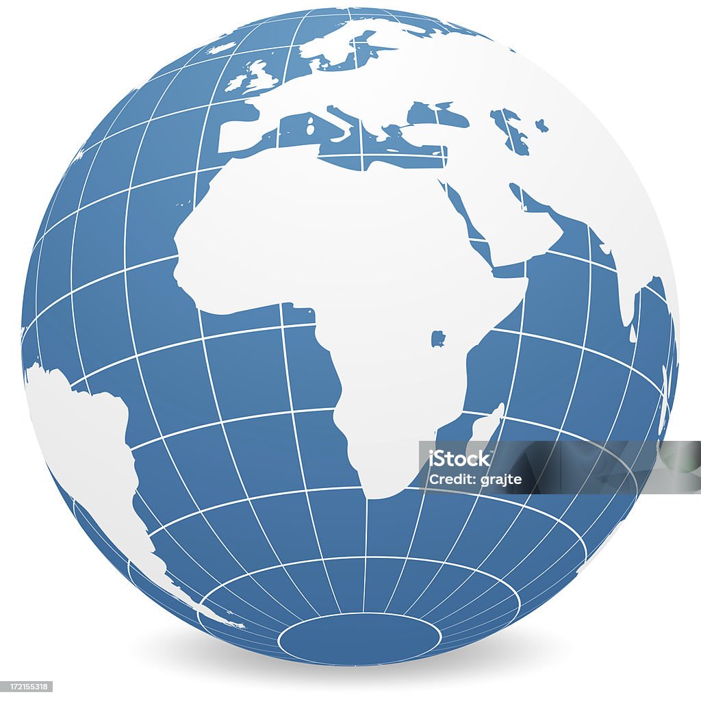 World Globe - Africa Blue world globe with focus on Africa with longitude and latitide lines and drop shadow. Africa Stock Photo