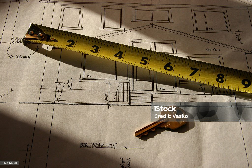 Cinta métrica & clave en Blueprints v2 - Foto de stock de Arquitectura libre de derechos