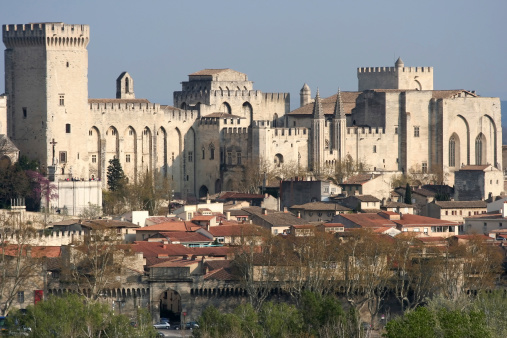 Powerful telezoom shot of Palais des Papes taken from a tower in the town on the other side of the river (Villeneuve).
