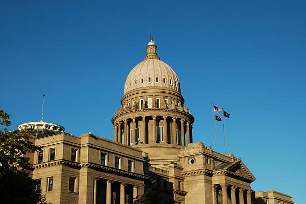 This is the idaho state house under the sunset